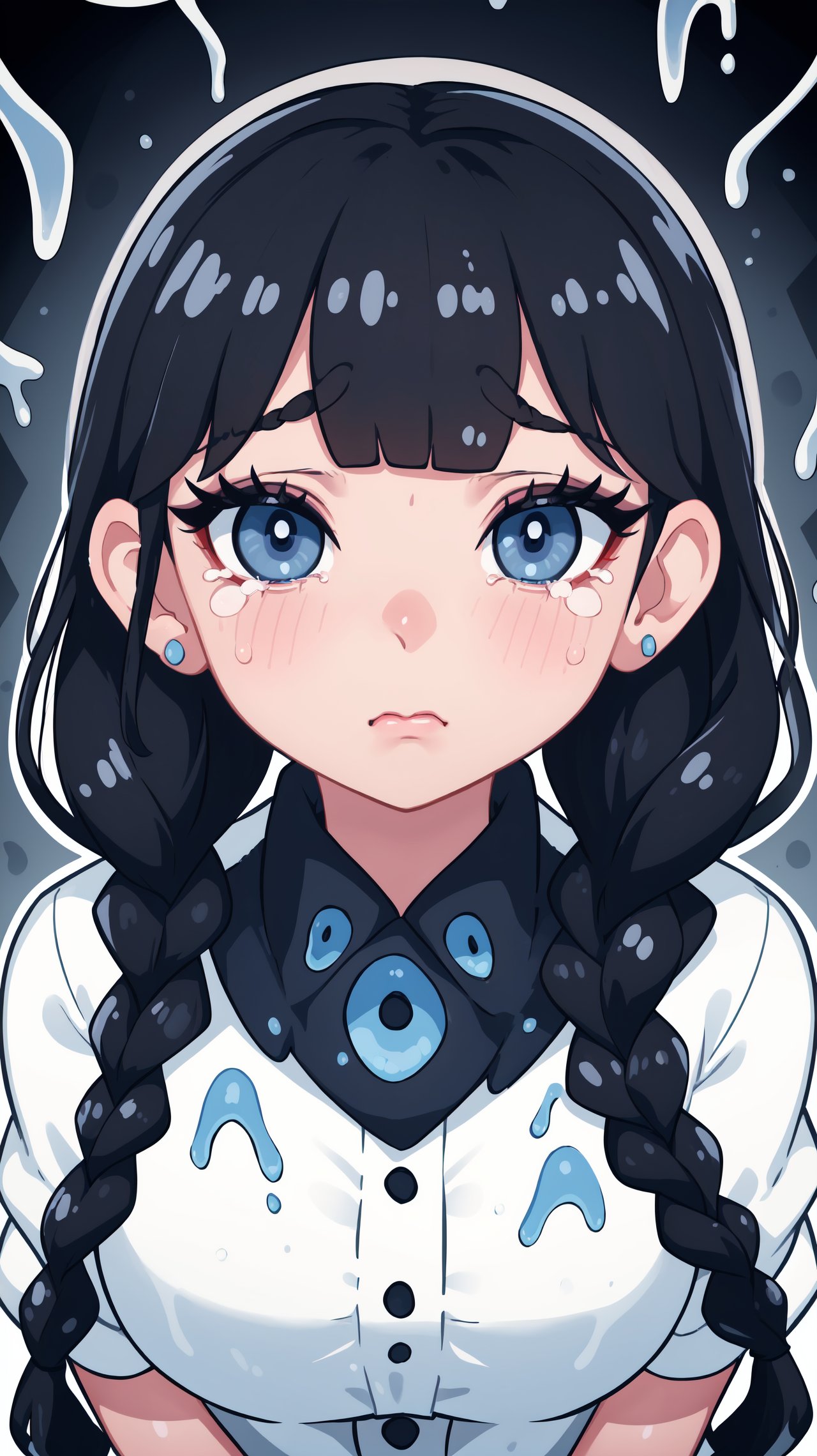 corneo runny makeup, adult woman, mascara, heavy makeup, mascara Tears, runny makeup, tears, (1girl:perfect face, cute, black hair in 1 three-strand braid, dark blue eyes, petite), face and body covered in runny white slime