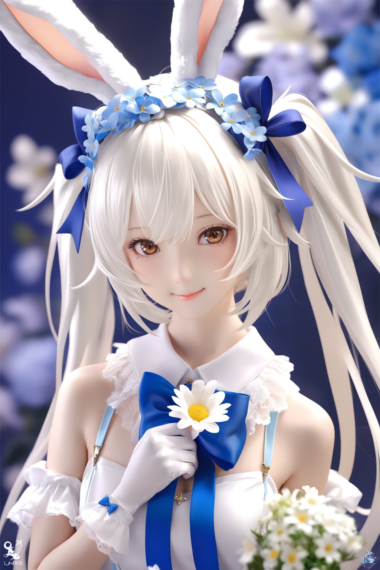 masterpiece, Realism, best quality, loli, 1girl, animal ears, solo, flower, gloves, rabbit ears, white gloves, white hair, hair ornament, dress, looking at viewer, hair flower, white dress, twintails, blurry background, hair between eyes, bow, upper body, white flower, fake animal ears, brown eyes, official alternate costume, lips, blue flower, blue bow, bowtie, ribbon, dutch angle, long hair, breasts, closed mouth, laffey (azur lane), realistic, smile, signature, blue ribbon, bouquet, head tilt, artist name