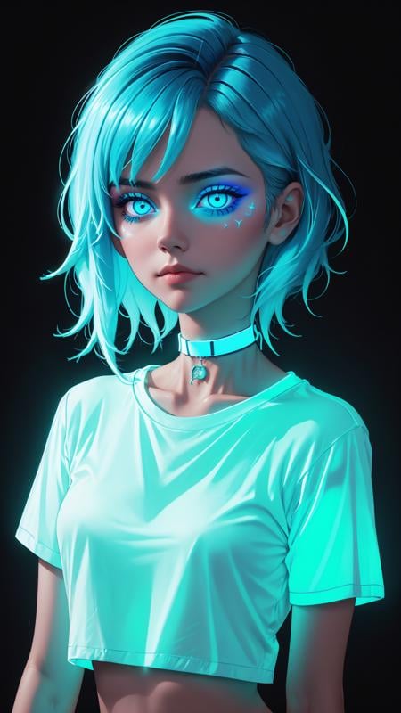 ((glowing-neon-blue-shirt)), glowing-neon-makeup, glowing-neon-blue-choker, glowing-neon-blue-hair, upper body portrait, 1girl, midriff, fit girl, <lora:lukethighwalkerneonsd15v7:0.5>