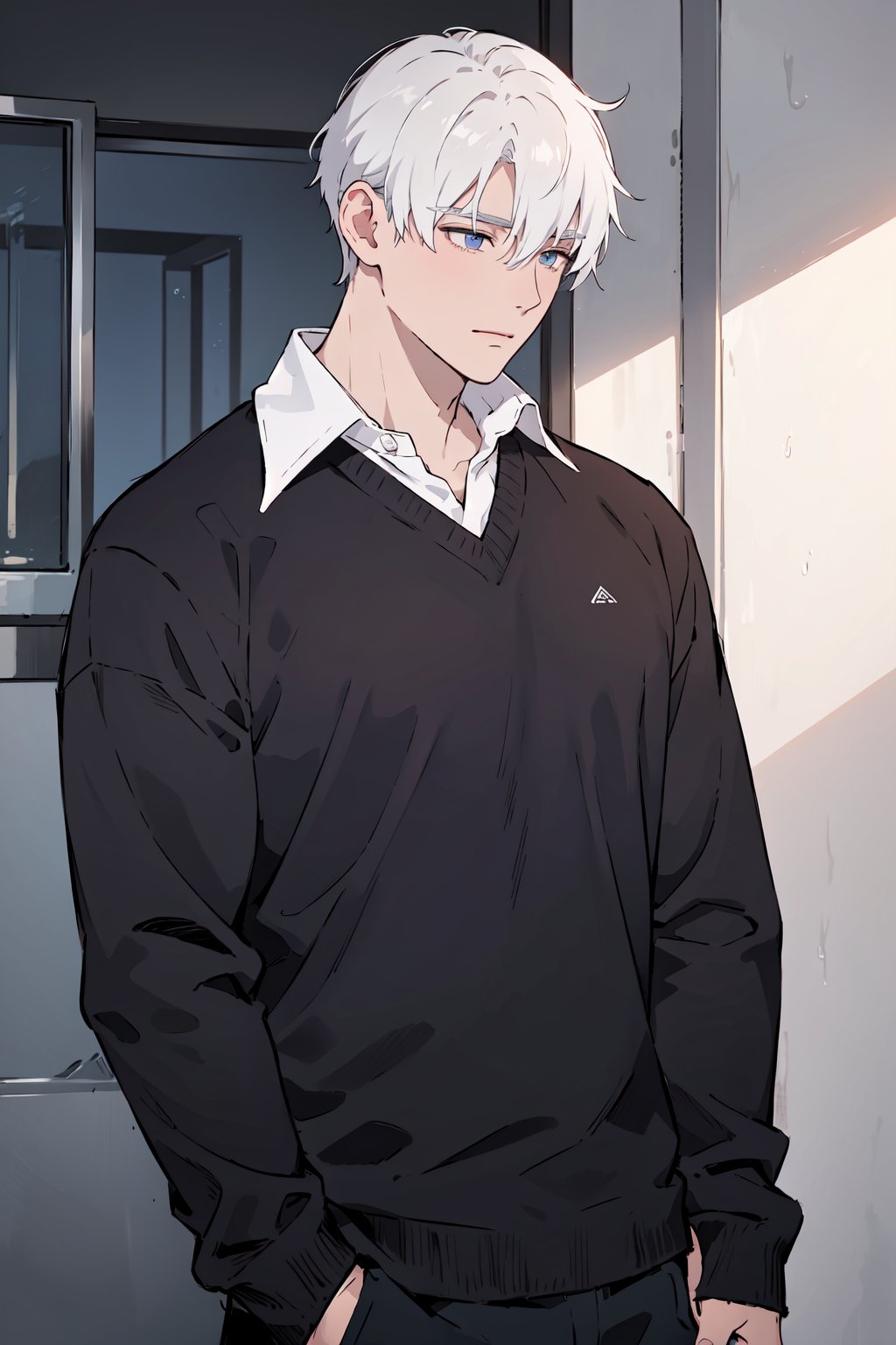 1boy,cowboy_shot,blue eyes,solo,shirt,long sleeves,short hair,white hair,sweater,collared shirt,bangs,closed mouth,