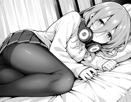 score_9, score_8_up, score_7_up, source_anime,mikunakano, <lora:miku-nakano-manga-ponyxl-lora-nochekaiser:1>,miku nakano, long hair, bangs, shirt, hair between eyes, headphones, headphones around neck, monochrome, greyscale,skirt, shirt, long sleeves, white shirt, pantyhose, pleated skirt, black pantyhose, cardigan,indoors, bed, bed room, on side, blush, drunk,looking at viewer, cowboy shot, dutch angle, solo, mature female,