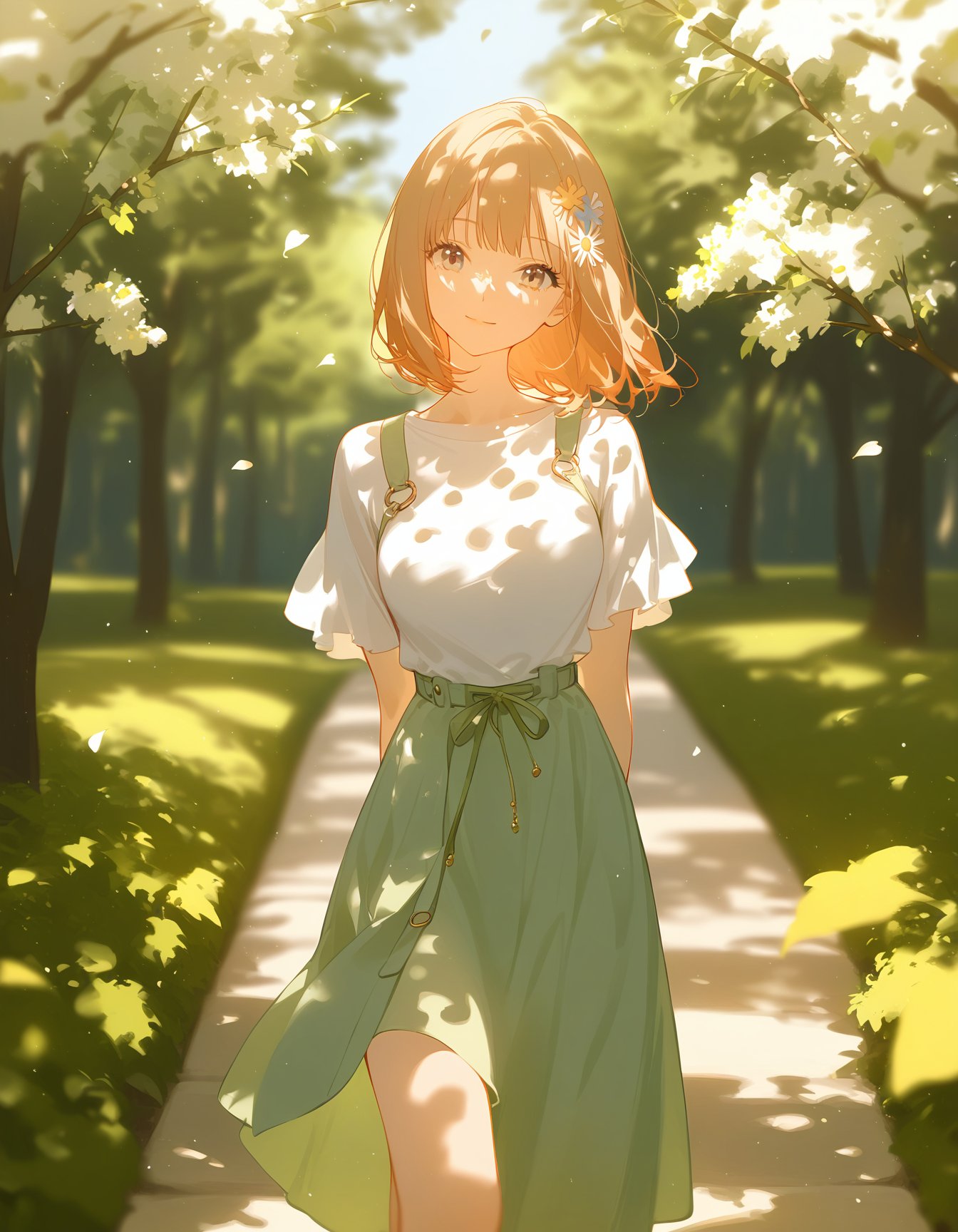 spring, cute 1girl, light smile, walking in a garden,fashionable, trendy outfit,hair ornament,(dappled sunlight:1.2),blurry,(depth of field:1.1),head tilt,(fluttering petals),tree,arms behind back