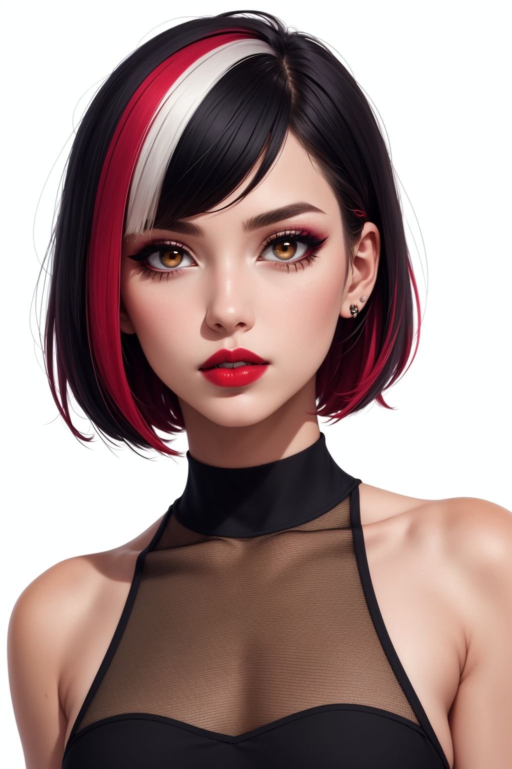 1girl, solo, upper body, looking at viewer, white background, bob cut, short hair, multicolored hair, makeup, parted lips, red lips, eyeliner,