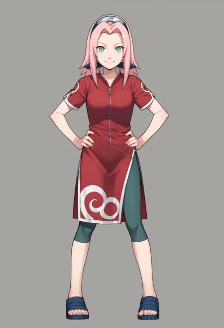 score_9, score_8_up, score_7_up, score_6_up, score_5_up, score_4_up, BREAK, source_anime,1girl, haruno sakura, pink hair, long hair, green eyes, red shirt, red qipao , zipper, short sleeves, bike shorts,hands on hips, smile, standing, full body, looking at viewer, solo, simple background, white background <lora:SakuraGeninXL:1>