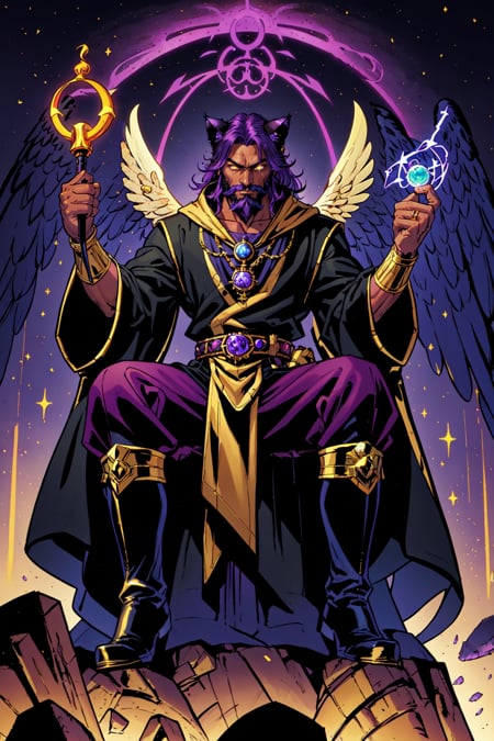 solo, 1boy, yellow eyes, purple hair, male focus, facial hair, beard, cat ears, animal ears, feathered wings, wide sleeves, holding, magical staff, fist up, glowing, jewelry, sitting, dark skin, dark skinned male, ring, glowing eyes, robe, throne, black boots, gold accent, comic book cover, inked lines