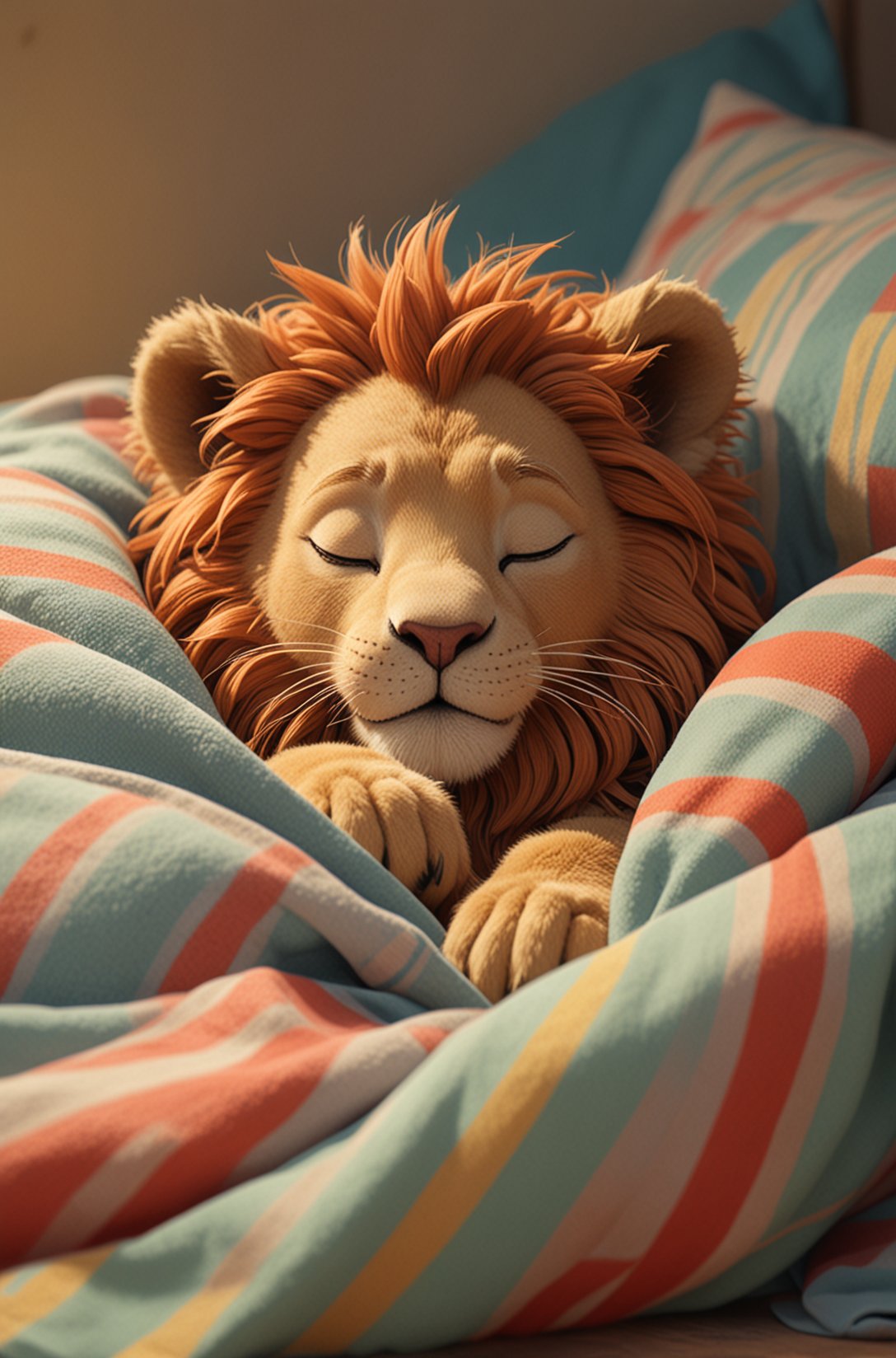 Cute cartoon style of a adorable little colourful Lion, snuggled, curled up, smiling, sleeping with a little blanket, tiny bedroom, on a bed under the blanket, ethereal, soft, detailed, beautiful, cosy, cute, Pixar, snoozing, 3D render, UHD