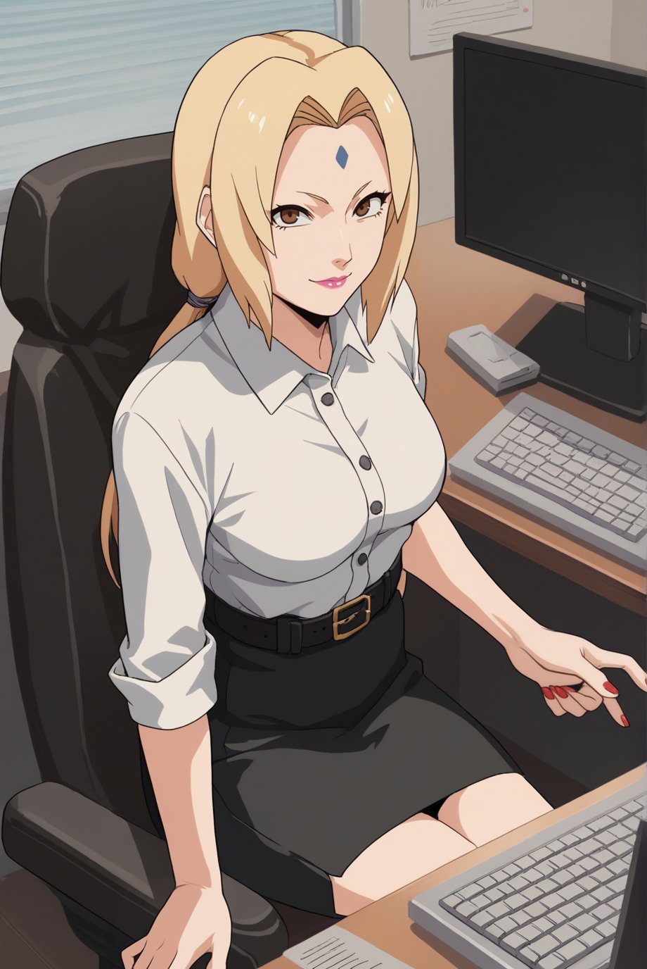 score_9, score_8_up, score_7_up, score_6_up, score_5_up, score_4_up, BREAK source_anime, 1girl, solo,<lora:TsunadeXL-v2-04:0.8>, ChopioTsunade, blonde hair, long hair, low twintails, hair tie, brown eyes, forehead mark, pink lipstick, looking at viewer, mature female, medium breasts, red nails,office, monitor, keyboard \(computer\), desk, sitting, (black skirt:1.2), pencil skirt, (white shirt:1.2), shirt tucked in, buttons, seductive smile, belt,