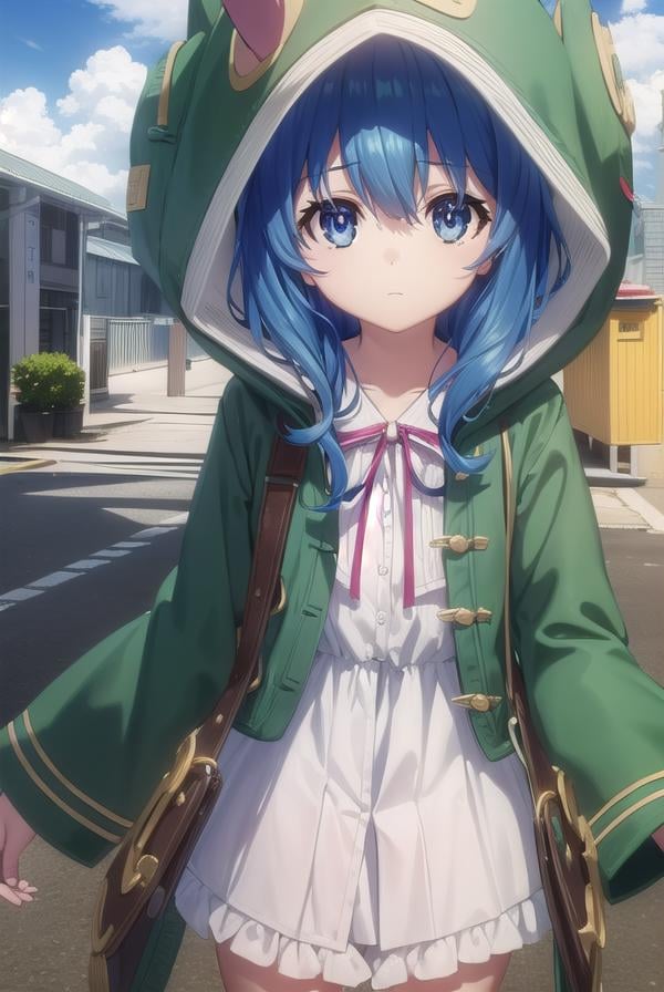 dalyoshino, <lora:dal yoshino s2-lora-nochekaiser:1>,yoshino astral dress, long hair, blue eyes, ribbon, animal ears, hair between eyes, blue hair, hood, rabbit ears, coat, hood up, animal hood, rabbit hood, green coat,BREAK ,BREAK outdoors, city, sky, clouds, buildings, sun,BREAK looking at viewer, (cowboy shot:1.5),BREAK <lyco:GoodHands-beta2:1>, (masterpiece:1.2), best quality, high resolution, unity 8k wallpaper, (illustration:0.8), (beautiful detailed eyes:1.6), extremely detailed face, perfect lighting, extremely detailed CG, (perfect hands, perfect anatomy),