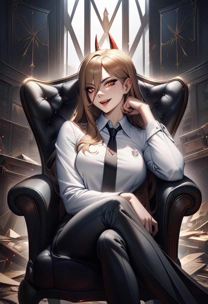 (art by neoartcore:0.4), solo, 1girl, powerdef, sharp teeth, smile, sitting, crossed legs, chair, cross-shaped pupils, white shirt, collared shirt, black necktie, black pants, rating: general, newest <lora:csm_power_xl-000004:1>