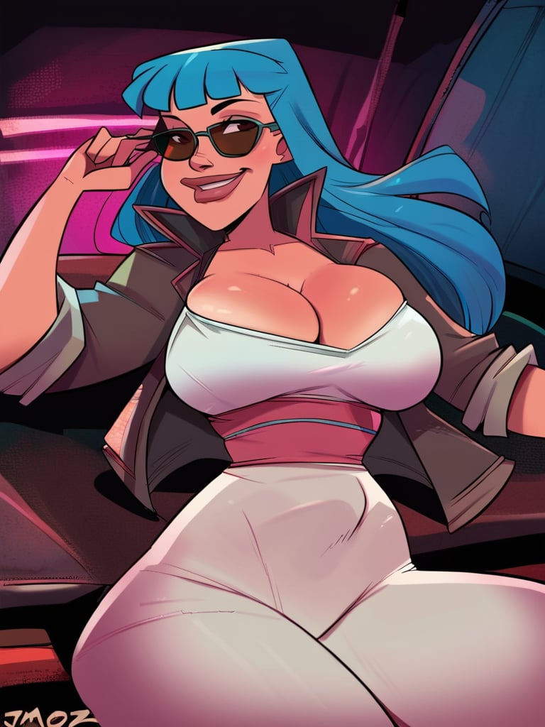 score_9, score_8_up, score_7_up, girl sitting inside a car, cyberpunk clothes, multicolored clothes, jacket, sunglasses, blue hair, pants, curvy, huge breasts, narrow waist, wide hips, thick thighs, neon lights, looking at viewer, cowboy shot, dynamic pose, smile, cute, wide shot, solo, dutch angle, detailed background,<lora:JMoxComix_style:1> JmoxComic, cartoon