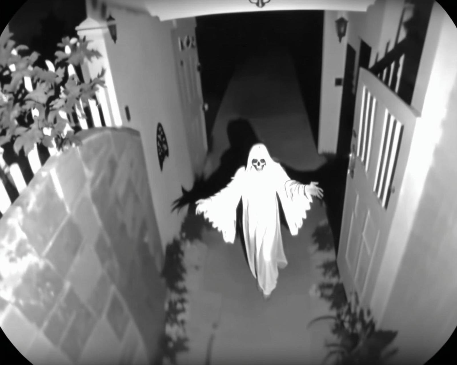 A CCTV Style doorbell camera footage of the angel of death   <lora:SDXL-CCTV-Style-Lora:0.7>