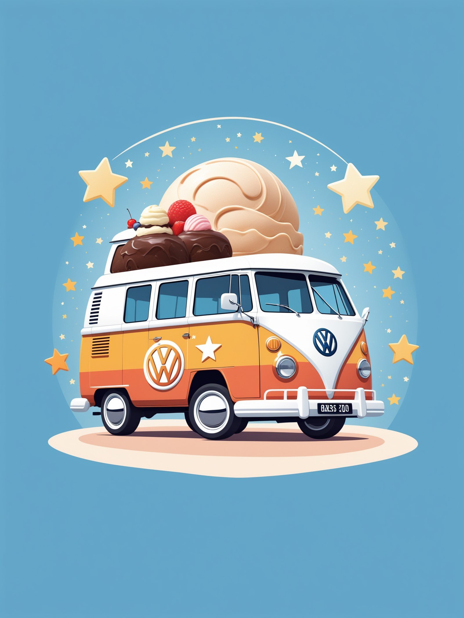 FRESHIDEAS landscape,2D logo, Ice cream van stars and flags, modern vw van. minimal design, elegant lines, warm hues, Adobe Illustrator software, cozy and inviting style render. Achievement badge