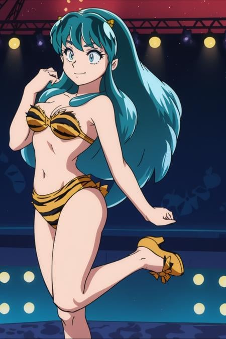 masterpiece, 8k,<lora:Urusei_Yatsura(2008) lum:0.7> lum, oni horns, Lifting one leg while balancing on the other, Cabaret Club