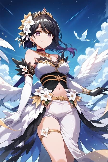 score_9, score_8_up, score_7_up, score_6_up,<lora:Takao_Toka:0.9> takao, 1girl, solo, gloves, black hair, hair ornament, flower, hair flower, navel, elbow gloves, smile, wings, sky, star (sky), tiara, jewelry, fatewi