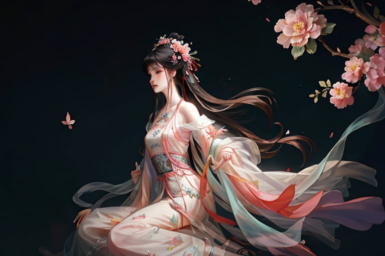 ((4k,masterpiece,best quality)), professional camera, 8k photos, wallpaper, 1girl, solo,bare shoulders,long hair, looking at viewer, black hair, hair ornament, long sleeves, dress,sitting, closed mouth, flower, hair flower, wide sleeves,, chinese clothes, cherry blossoms, stairs, (white glow hue,red eyes, beautiful),bangs,hair ornament,butterfly,hair flower,blunt bangs,profile,butterfly on hand,hair ribbon,very long hair,white flowers,(chinese clothes),drop earrings,dynamic pose,dynamic angle,architecture,elegant,dark theme,spooky,(horror:1.1) view,from above, cloak, dancing diva,colorful , neon_dress , huansha , neon , <lora:qingsha_mix_46:0.7> <lora:二次元古风汉服:0.41> <lora:三国志立绘风格_v1:0.4>  <lora:半透明的衣服_v1.0:0.31> <lora:国风—敦煌风_V1:0.31> <lora:As_qingsha1:0.31>, masterpiece, best quality,