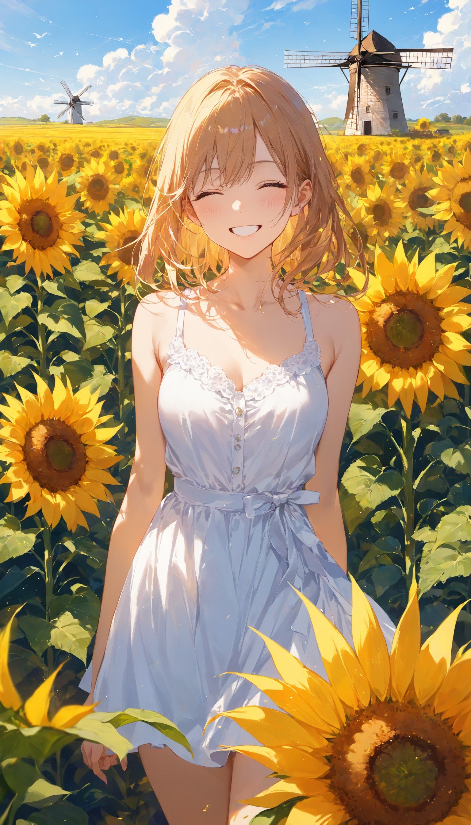 1girl , windmill, closed eyes, smile, sunflower fields,midjourney,masterpiece, best quality, score_9, score_8_up, score_7_up, ultra-detailed, Best-A, Medium-B, Low-C, Bad-D,