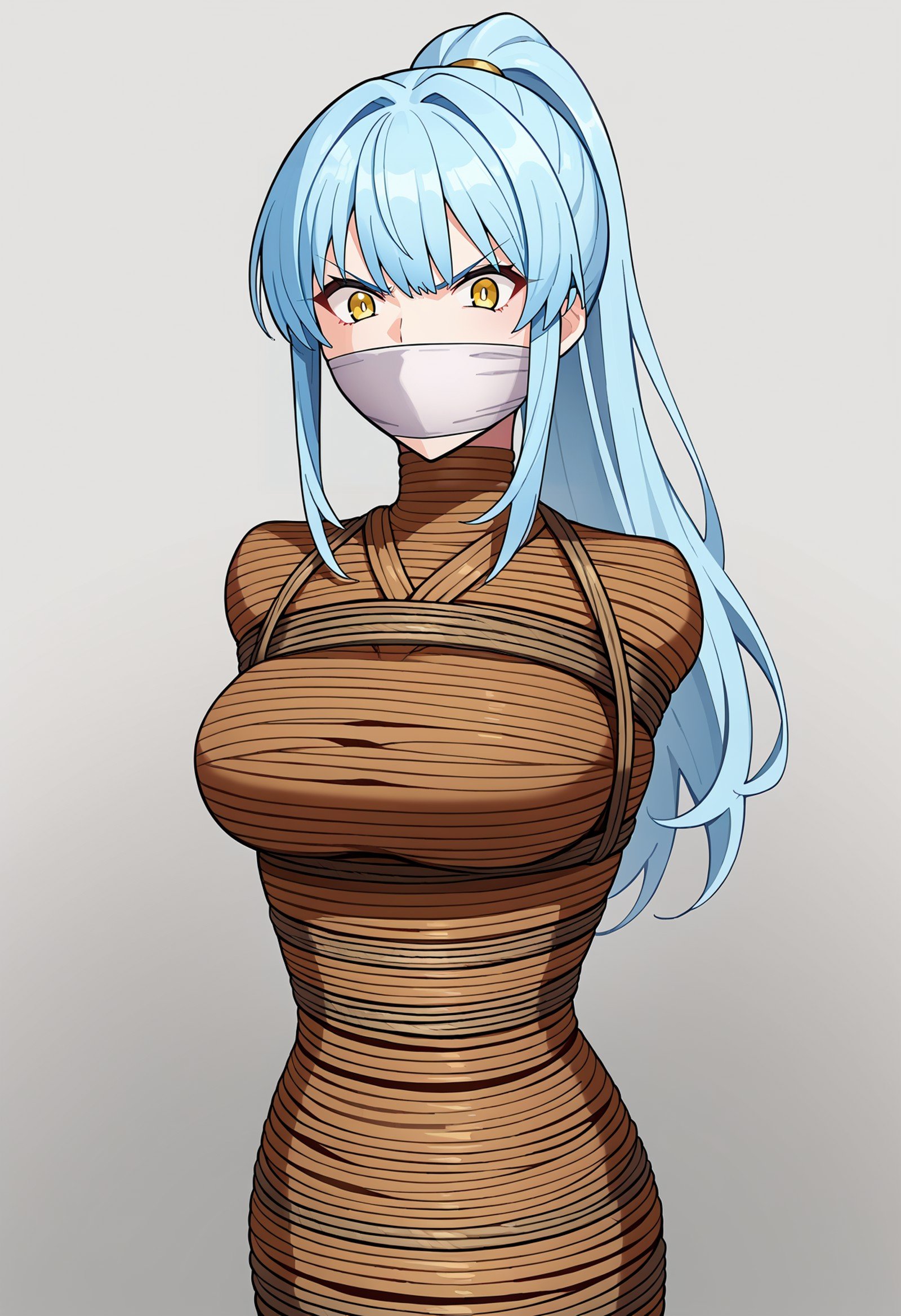 score_9, score_8_up, score_7_up, source_anime, 1girl, large breasts, (mature female:0.8), (bangs:1.2), light blue hair, high ponytail, yellow eyes, rope mummified, rope, otn gag, angry, looking at viewer, arms behind back, simple background <lora:hskc-ropemummy-pony-v0.5:1>