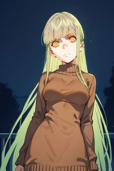 score_9, score_8_up, score_7_up, 1girl, looking at viewer, inward v, envy, light green hair, very long hair, long fringe, amber eyes, breasts, brown sweater dress, night, airfield, pov <lora:pako_(pakosun)_PonyXL_style_v01:1>