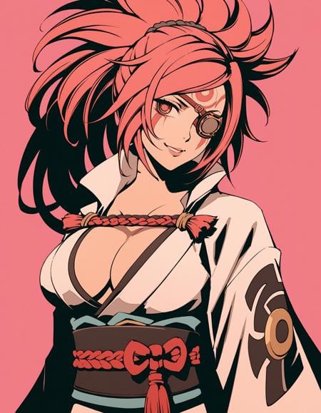 1girl amputee baiken big_hair breasts cleavage eyepatch facial_tattoo guilty_gear guilty_gear_strive japanese_clothes katana kimono large_breasts long_hair moshimoshibe one-eyed open_clothes open_kimono pink_hair ponytail samurai scar scar_across_eye scar_on_face simple_background smile solo sword tattoo weapon white_kimono, Vibrant Contrast Style, <lora:6828e54a-9e8c-4e54-8d9a-a6a19c4a453a:0.7>