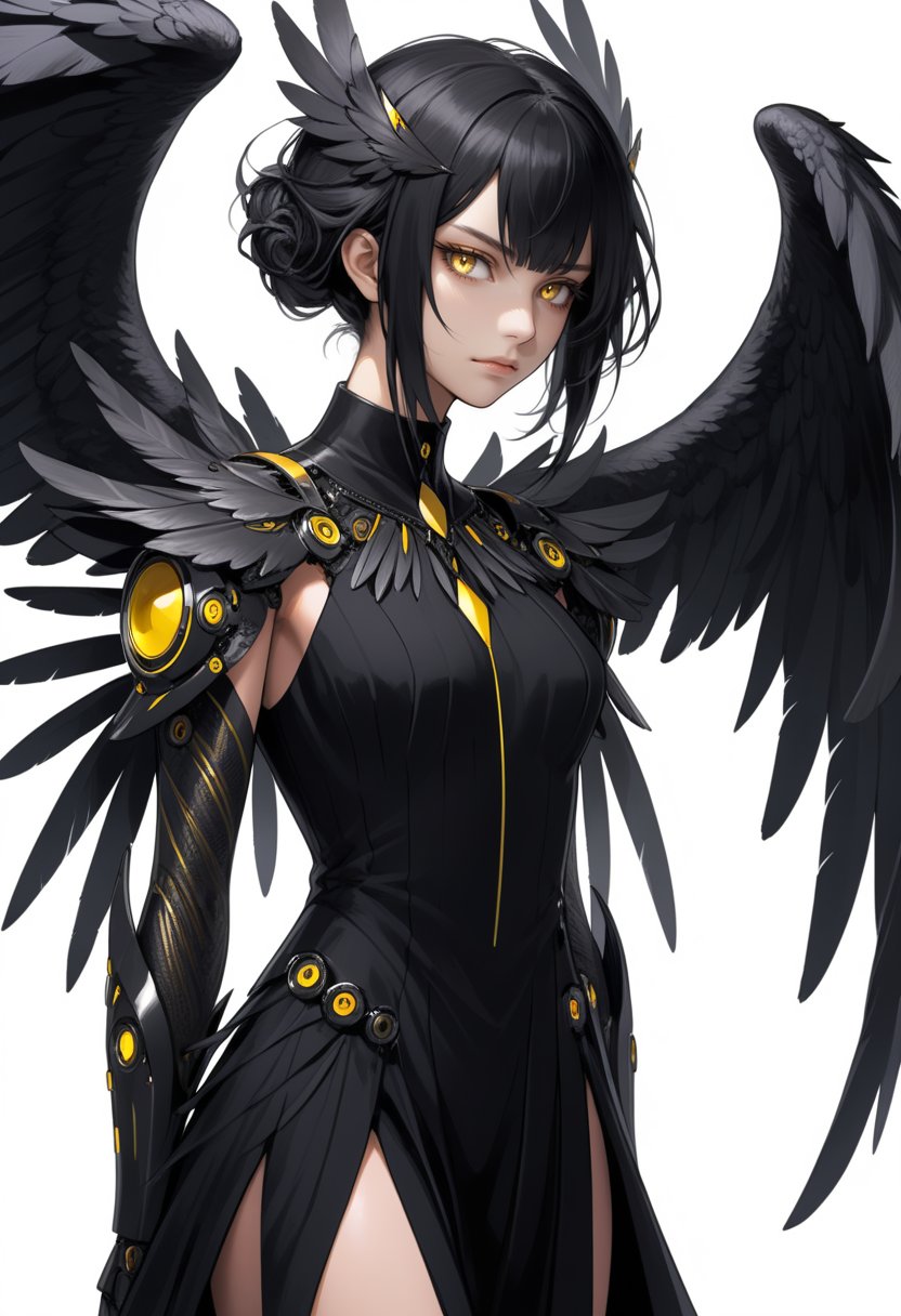 female,wings,mechanical wings,small breasts,black hair,corvid,yellow eyes,(humanoid face),large wings,spread wings,winged humanoid,open-back dress,side slit,white background,standing,contrapposto,slight frown,half closed eyes,looking ahead,feather hair,feather tuft,neck tuft,bored,( feather body, black feathers),(((winged arms)), Monster girl,,