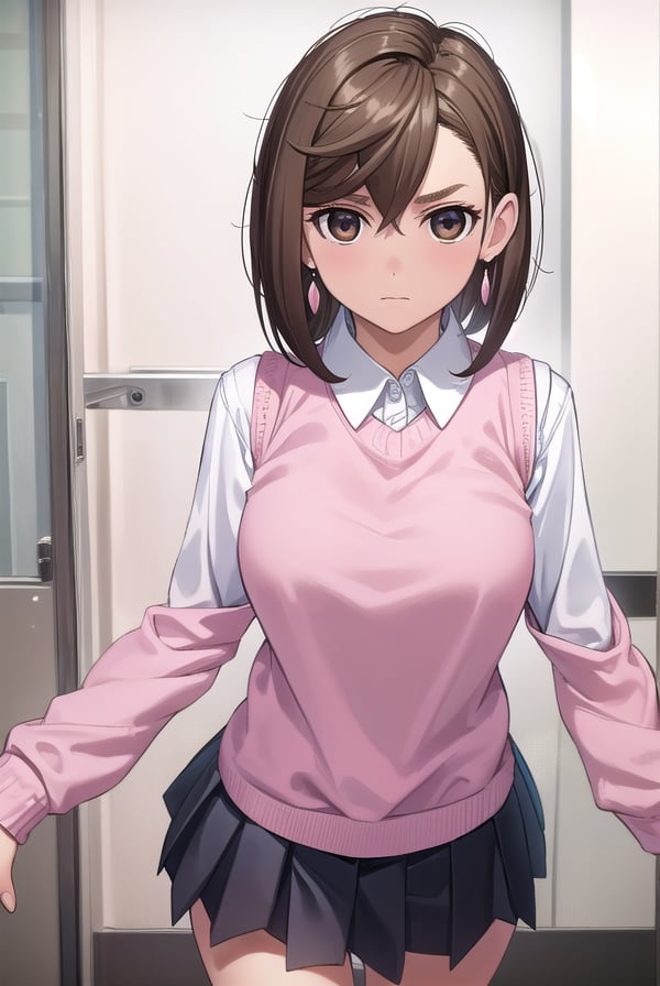 momoayase, <lora:momo ayase manga-lora-nochekaiser:1>,momo ayase, short hair, brown hair, (brown eyes:1.5), bangs, thick eyebrows,BREAK skirt, school uniform, pleated skirt, shoes, socks, loafers, sweater vest, (pink sweater:1.5), shirt, white shirt, collared shirt, earrings, green earrings,BREAK indoors, classroom,BREAK looking at viewer, (cowboy shot:1.5),BREAK <lyco:GoodHands-beta2:1>, (masterpiece:1.2), best quality, high resolution, unity 8k wallpaper, (illustration:0.8), (beautiful detailed eyes:1.6), extremely detailed face, perfect lighting, extremely detailed CG, (perfect hands, perfect anatomy),