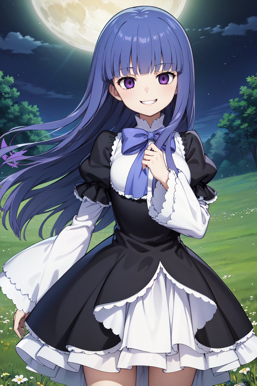 masterpiece, best quality, highres, aabern, long hair, blue hair, blunt bangs, purple eyes, bowtie, frills, black dress, puffy sleeves, short over long sleeves, long sleeves, <lora:frederica_bernkastel_v1:0.7>, standing, cowboy shot, night, field, grin, smirk