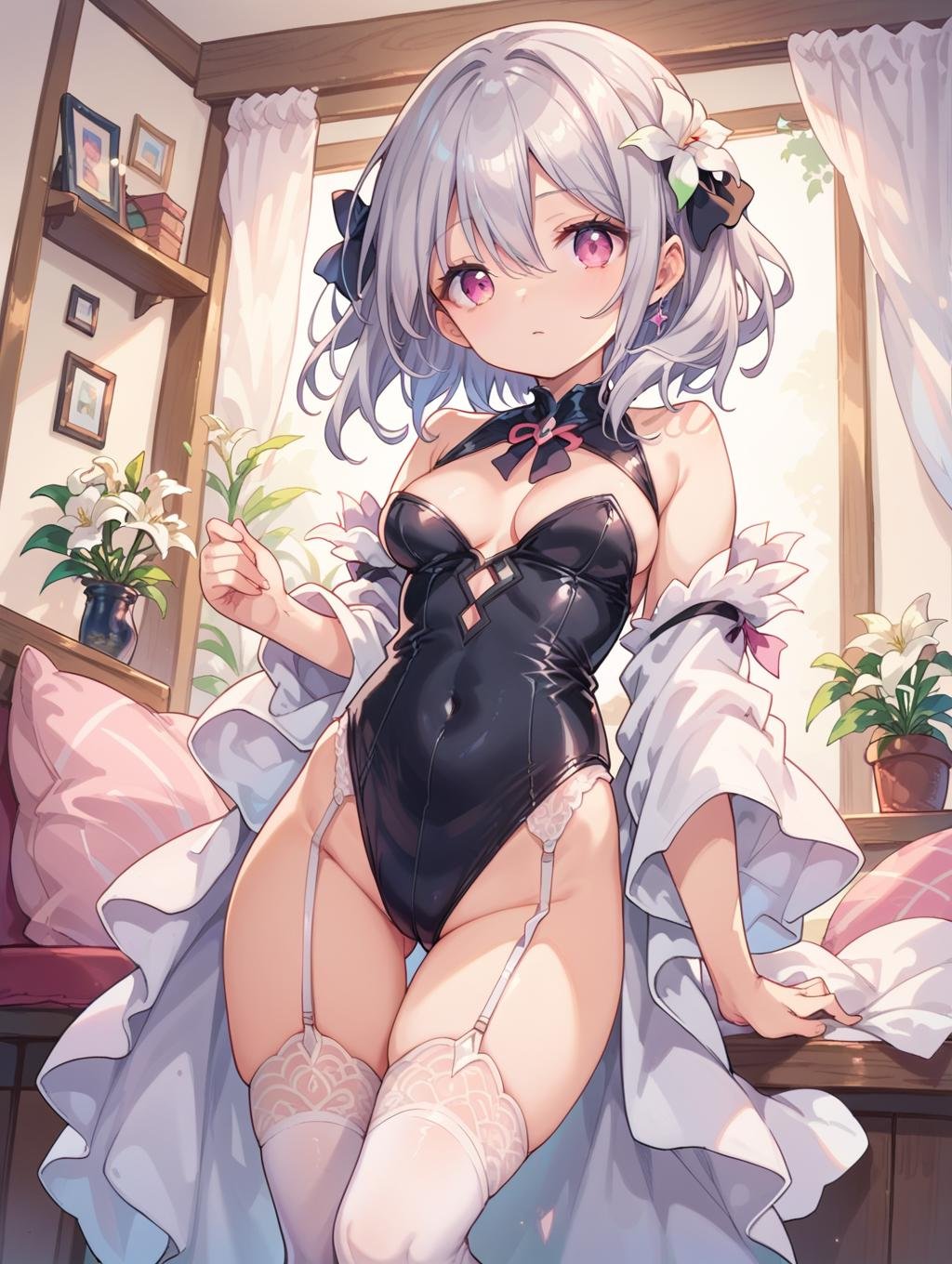 score_9, score_8_up, score_7_up,1girl, standing, bedroom, breasts, leotard, thigh highs, garter straps,,Lily Hanazono, hair between eyes, gray hair, Medium hair,light pink eyes, hair ornament, hair ribbon, black ribbon, hair ornament, white flower ornament, sidelocks