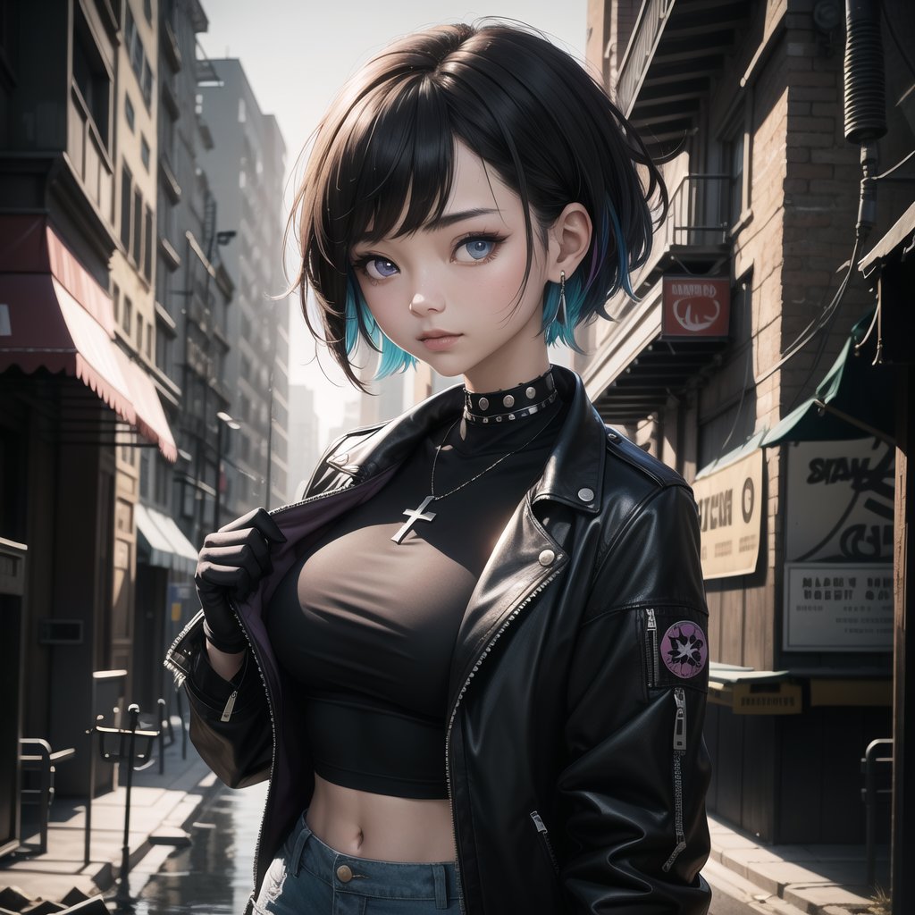 ((masterpiece, best quality, extremely detailed), volumetric lighting, ambient occlusion, colorful, glowing, expressive eyes),

1girl, (asian girl), short hair, black hair, cross earrings, purple pop jacket, pink top, exposed waist, black jeans, gloves without fingers,
outdoors, night, rain, city, (antique buildings), 
(punk), (dystopian city),

upper body, close up, portrait,