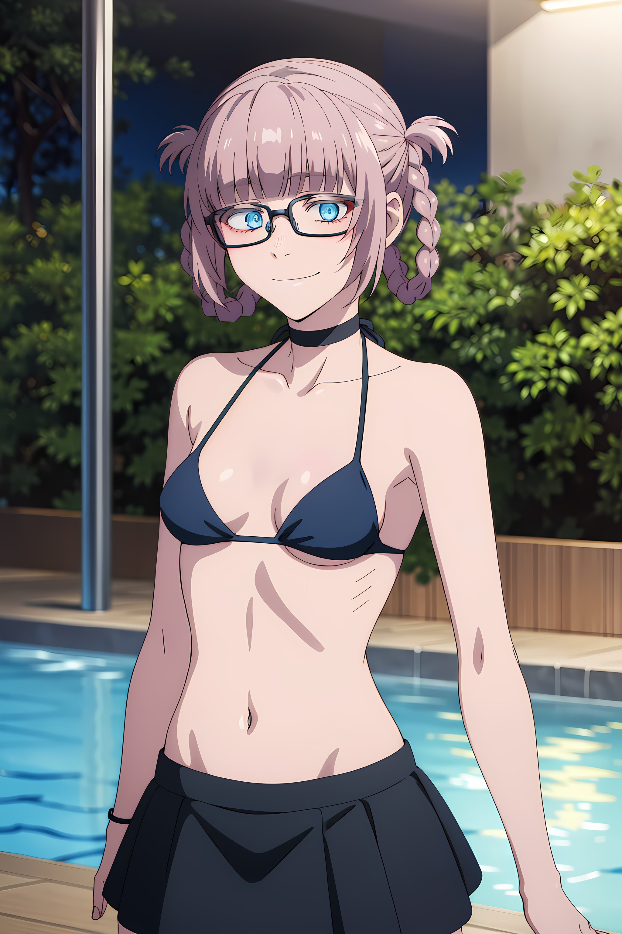 best quality, masterpiece, detailed,<lora:YofukashiNoUta_NanakusaNazuna:0.9>, NanakusaNazuna,1girl, closed mouth, smile,pink hair, short hair, blunt bangs, braid, hair rings, blue eyes, glasses,NanakusaBikini, choker, black bikini, small breasts, bikini skirt,looking at viewer, upper body,outdoors, night, pool