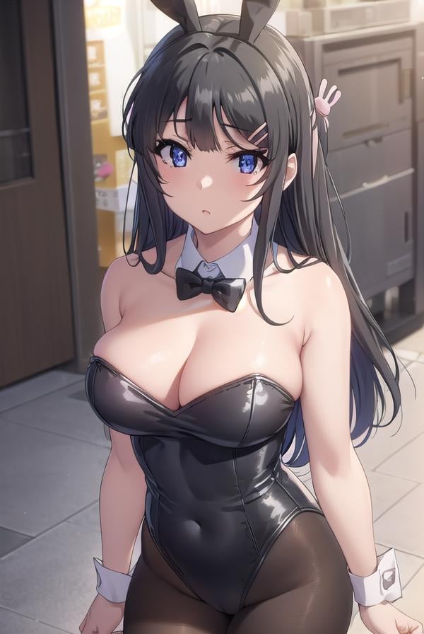 maisakurajima, <lora:mai sakurajima s1-lora-nochekaiser:1>, mai sakurajima, long hair, bangs, (black hair:1.5), hair ornament, (purple eyes:1.1), hairclip, rabbit hair ornament,BREAK bow, animal ears, cleavage, bare shoulders, pantyhose, bowtie, black footwear, rabbit ears, high heels, leotard, black pantyhose, strapless, black bow, detached collar, fake animal ears, playboy bunny, black leotard, strapless leotard, thighband pantyhose, black bowtie,BREAK indoors, library,BREAK looking at viewer, (cowboy shot:1.5),BREAK <lyco:GoodHands-beta2:1>, (masterpiece:1.2), best quality, high resolution, unity 8k wallpaper, (illustration:0.8), (beautiful detailed eyes:1.6), extremely detailed face, perfect lighting, extremely detailed CG, (perfect hands, perfect anatomy),