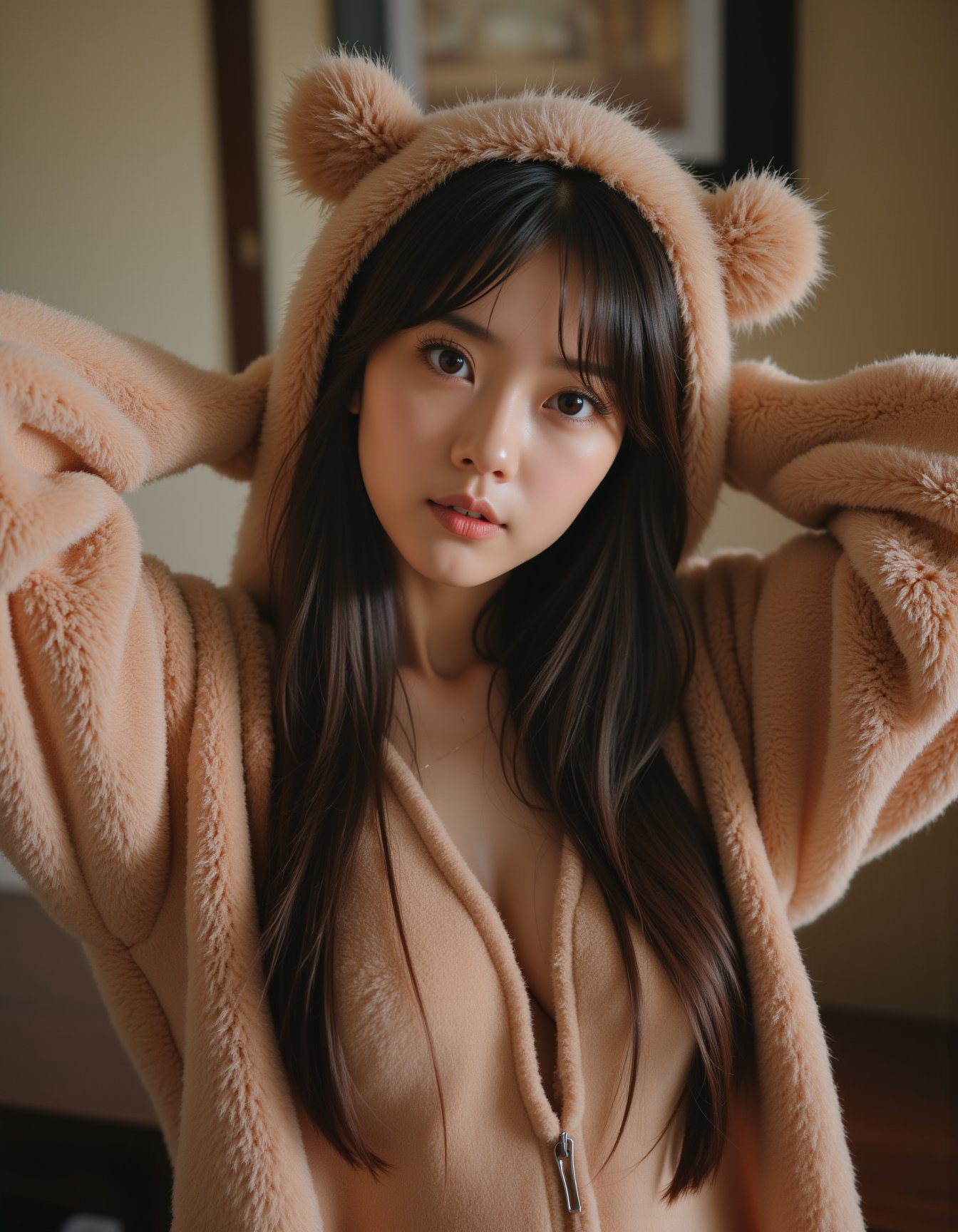 best quality, masterpiece, realism, realistic, long sweater fur-suit with bear costume, hands behind the head, cheats cutout, analogue photo of adult girl in costume, looking at viewer, long hair, extremely beautiful detailed face, medium breasts, (cute face, temptations look), eye level, professional photo, high contrast exposure, soft bokeh, high key light, hard shadow, soft bokeh, playful theme,