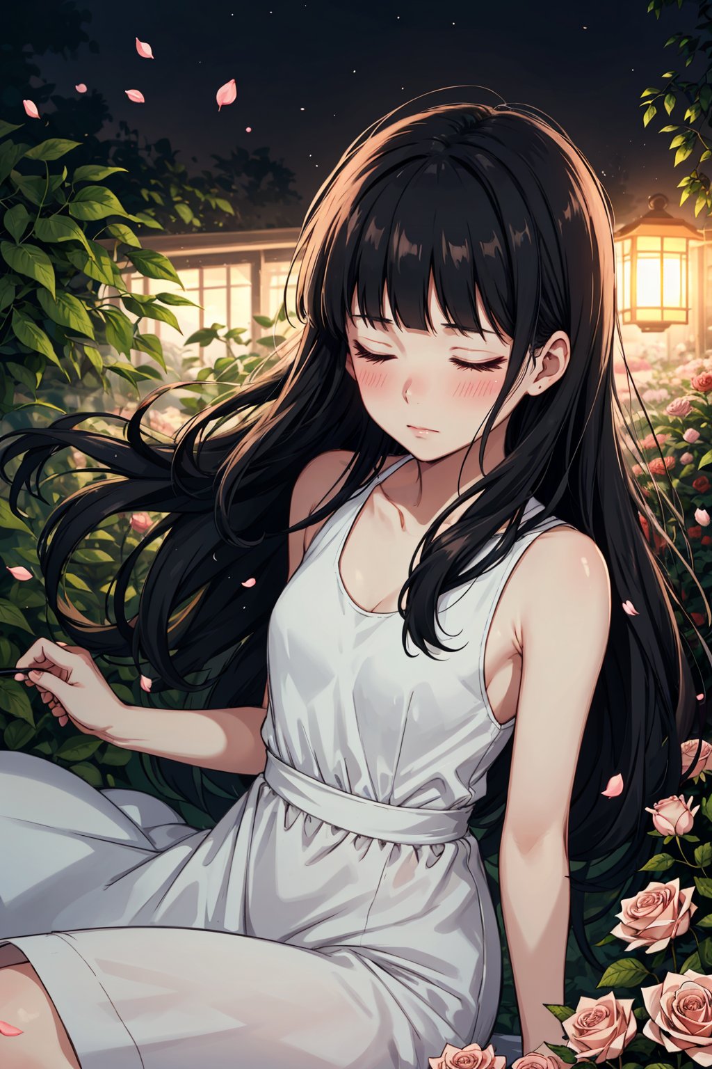 1girl, mature face, mature female, blush, erotic, closed eyes, calm expression, sleeping, black hair, long hair, blunt bangs, hime cut, small breast, white sleeveless dress, garden, floating petals, ambient lighting, night, looking at the viewer, foggy