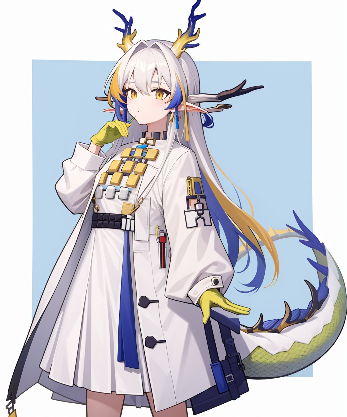 <lora:方舟黍:1:lbw=char>,1girl,shu(/arknights),horns,high quality,long sleeves,white dress,yellow gloves,white coat,dragon tail,tail,jewelry,solo,, (masterpiece,best quality:1.2),absurdres, high quality,