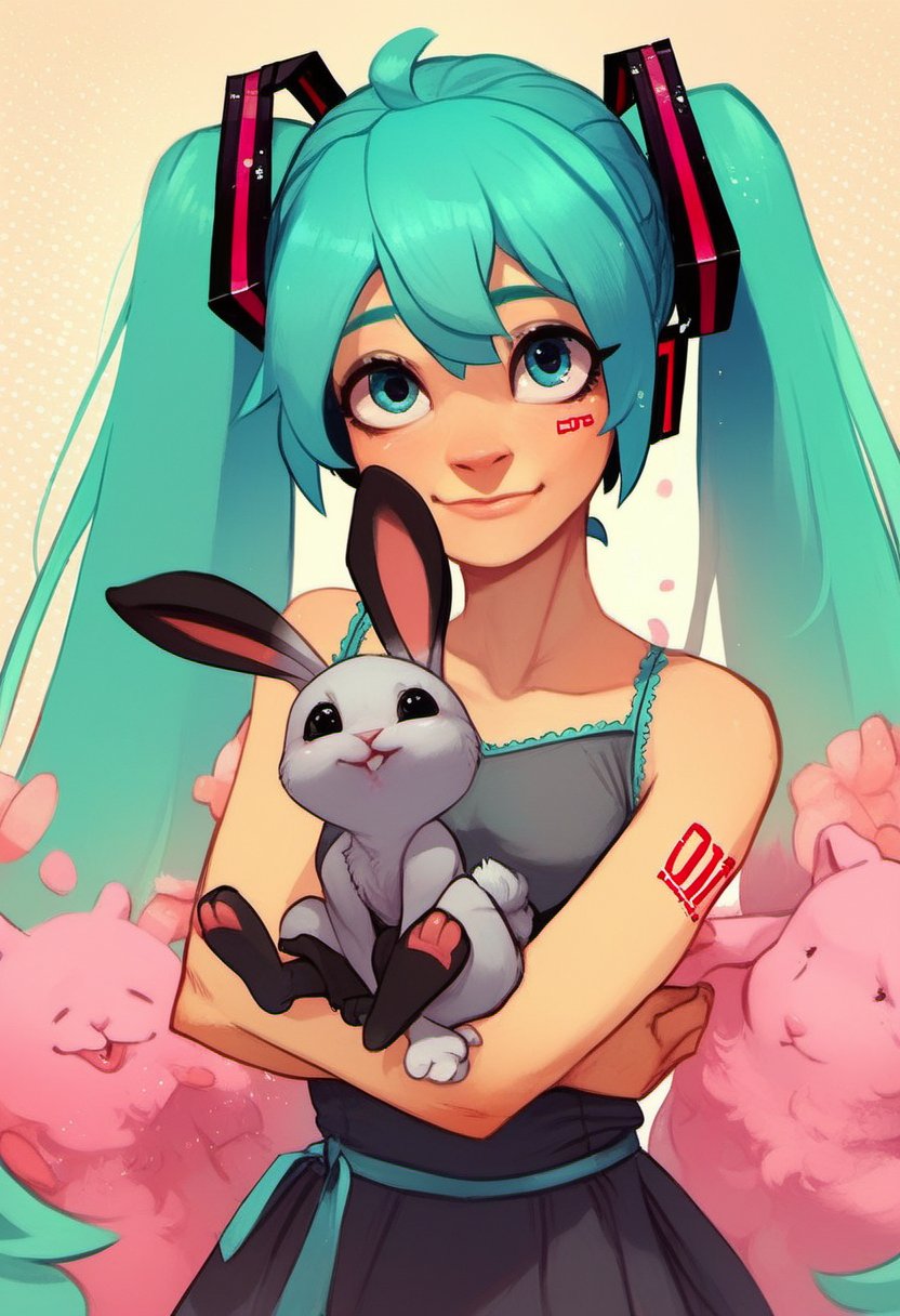 zPDXL, score_9, score_8_up, score_7_up, score_6_up, score_5_up, score_4_up, BREAK <lora:Polyle_Style_for_PonyXL:0.8> polyle, 1girl, human, solo, dress, hatsune miku, female, furry, multicolored hair, lagomorph, rabbit, hair,