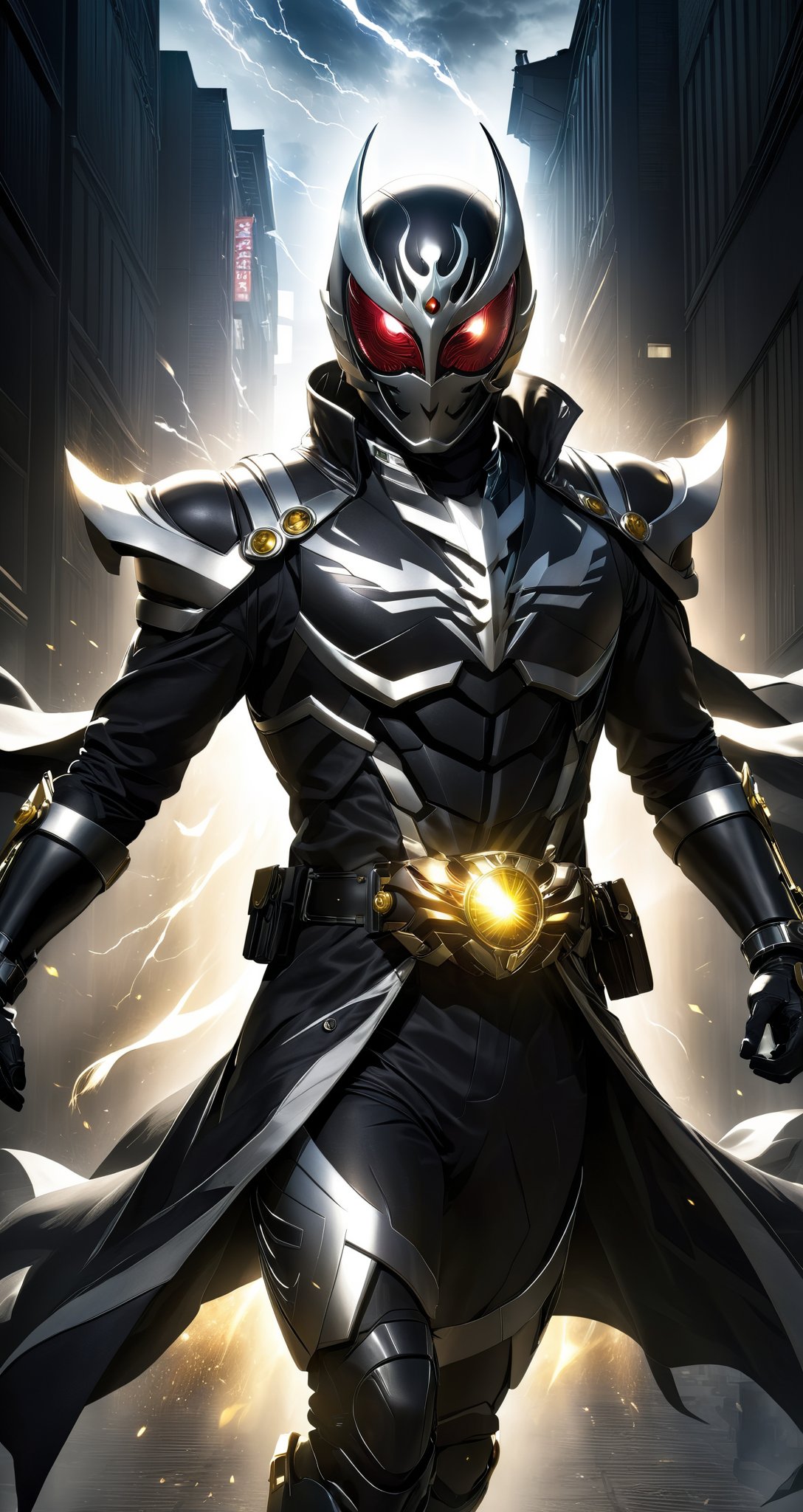 Kamen rider style, a masked hero in the midst of light and shadow, wearing a phantom war coat and a mysterious mask, galloping through the night to protect the peace of the citizens. Thunder strikes, breaking the forces of darkness, the light of justice, illuminating the way forward.