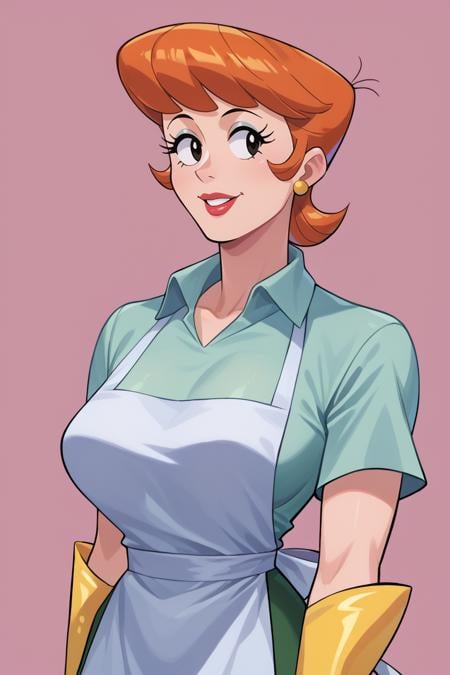 score_9, score_8_up, score_7_up, BREAK, 1girl, solo, breasts,  <lora:dextersmom-guy-PONYv1:1>, dextersmom, makeup, jewelry, gloves, shirt, apron, upper body, portrait, mature female, simple background, 