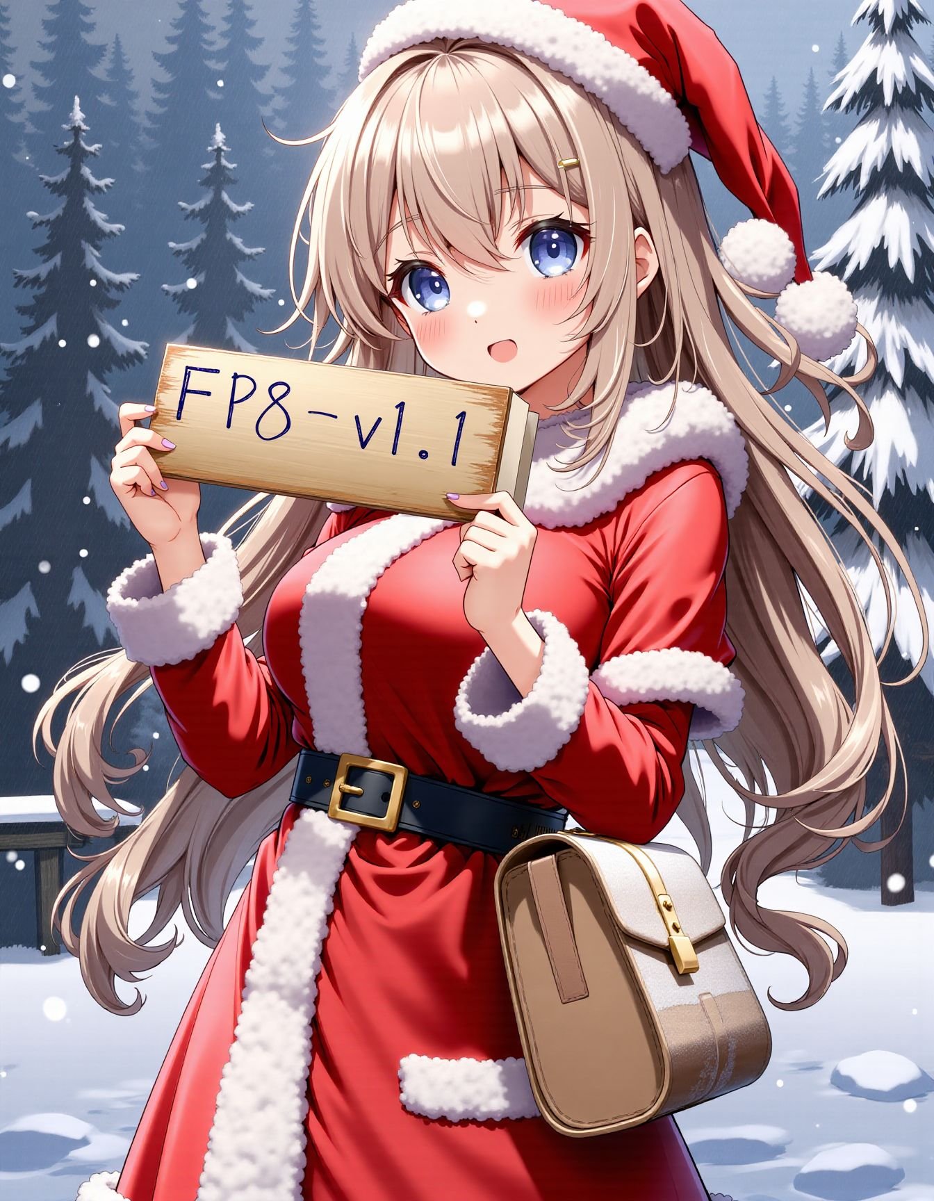 1girl clothed santa costume holding sign with "FP8-v1.1" written,snowing