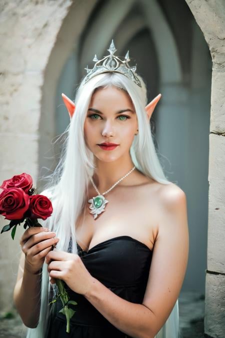 score_9, score_8_up, score_7_up, rating_safe, raw, photo, realistic, 1girl, solo, elf, pointy ears, breasts, long hair, very long hair, white hair, green eyes, portrait, looking at viewer, black dress, tiara, silver tiara, holding, holding flower, rose, red rose, necklace, jewelry, cowboy shot, standing, outdoors, castle <lora:Photo 2 Style SDXL_LoRA_Pony Diffusion V6 XL:1>