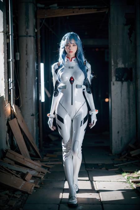 best quality, masterpiece, photorealistic, 1girl, solo, looking at viewer, bangs, full body, closed mouth, expressionless, ayanami_cosplay_costume, plugsuit, blue hair, ayanami rei, pilot suit, cosplay, long hair, interface headset, hairpods, gloves, bracer, skin tight, ( ruins:1.4), night, neon light, cyberpunk, science fiction, future city, detailed background, <lora:ayanami_cosplay_costume_v2:0.65>