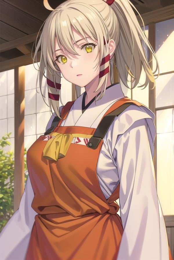 ukanomitamanokami, <lora:uka no mitama no kami s1-lora-nochekaiser:1>,uka no mitama no kami, long hair, blonde hair, hair ribbon, (yellow eyes:1.5), ponytail, tress ribbon,BREAK japanese clothes, miko, apron, (red apron:1.5),BREAK outdoors, shrine,BREAK looking at viewer, (cowboy shot:1.5),BREAK <lyco:GoodHands-beta2:1>, (masterpiece:1.2), best quality, high resolution, unity 8k wallpaper, (illustration:0.8), (beautiful detailed eyes:1.6), extremely detailed face, perfect lighting, extremely detailed CG, (perfect hands, perfect anatomy),