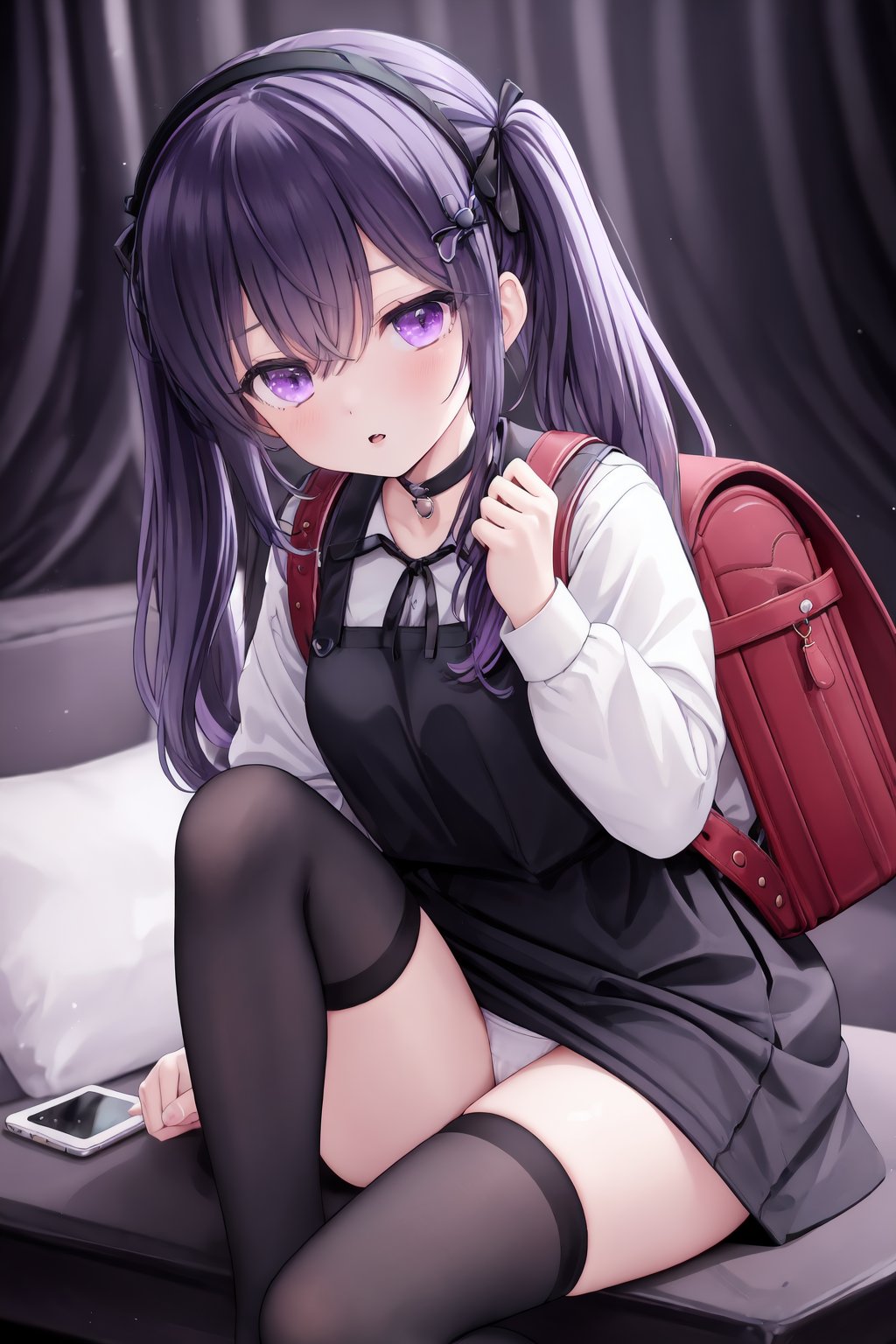 1girl,solo,thighhighs,looking at viewer,bag,black thighhighs,long hair,backpack,sitting,shirt,purple eyes,purple hair,white shirt,holding,bangs,long sleeves,dress,blush,black dress,hair ornament,panties,parted lips,black hair,underwear,randoseru,pinafore dress,knee up,choker,phone,thighs,hair between eyes,hairband,twintails,ribbon,yunmi style,sf5etf98,s6f8ey8vsdj,dr6g8cvwo,s5fr8gt,a35veo8vsdo,c6gw9oyh,c6s9eo5j,