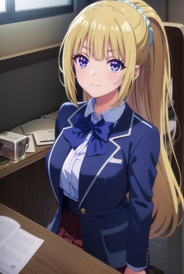 keikaruizawa, <lora:kei karuizawa s2-lora-nochekaiser:1>, kei karuizawa, long hair, bangs, blunt bangs, (purple eyes:1.1), blonde hair, shirt, hair ornament, ponytail, scrunchie, blue scrunchie, smile,BREAK skirt, shirt, bow, school uniform, jacket, (red jacket:1.2), pleated skirt, bowtie, sweater, (blue bow:1.2), (blue shirt:1.2),BREAK indoors, classroom,BREAK looking at viewer, (cowboy shot:1.5),BREAK <lyco:GoodHands-beta2:1>, (masterpiece:1.2), best quality, high resolution, unity 8k wallpaper, (illustration:0.8), (beautiful detailed eyes:1.6), extremely detailed face, perfect lighting, extremely detailed CG, (perfect hands, perfect anatomy),