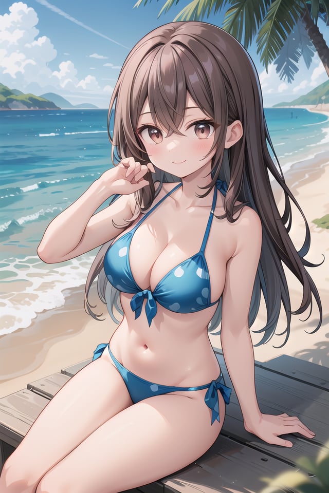 insanely detailed, absurdres, ultra-highres, ultra-detailed, best quality,1girl, solo, nice hands, perfect handsBREAK(pastel colored bikini:1.3)BREAKhappy smile, laugh, closed mouth,sitting on beach, seductive pose, cowboy shotBREAKslender, kawaii, perfect symmetrical face, ultra cute girl, ultra cute face, ultra detailed eyes, ultra detailed hair, ultra cute, ultra beautifulBREAK(at seashore, seaside, coast, beach, tropical, sky, blue ocean:1.2), depth of field, ultra detailed background, (very wide, panorama view, sense of depth, magnificent view:1.3)BREAKmedium large breasts, cleavage, extremely detailed navelBREAKbrown hair, brown eyes, mermaid waves, hair between eyes