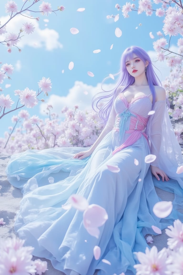 1girl, purple hair, Wrap the chest,begonia petals floating all over the sky,AFLY,Micro Rain Haitang,1girl,white hair,eyes_closed,curvy,elegant full-body sitting posture,begonia flower branch,blue white pink long dress,transparent long dress,<lora:天穹长老2.0:0.8>