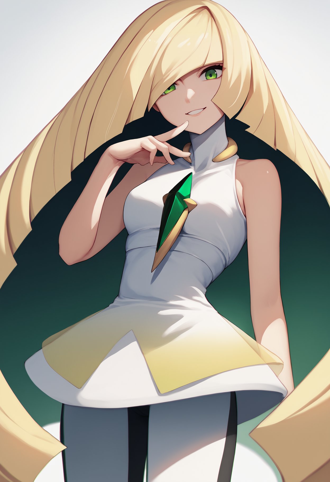 score_9, score_8_up, score_7_up, source_anime BREAK 1girl, solo, <lora:lusamine-pokemon-richy-v1_pdxl:1> lsmndef, green eyes, blonde hair, very long hair, bangs, hair over one eye, chest jewel, white dress, sleeveless, leggings, looking at viewer, smile,