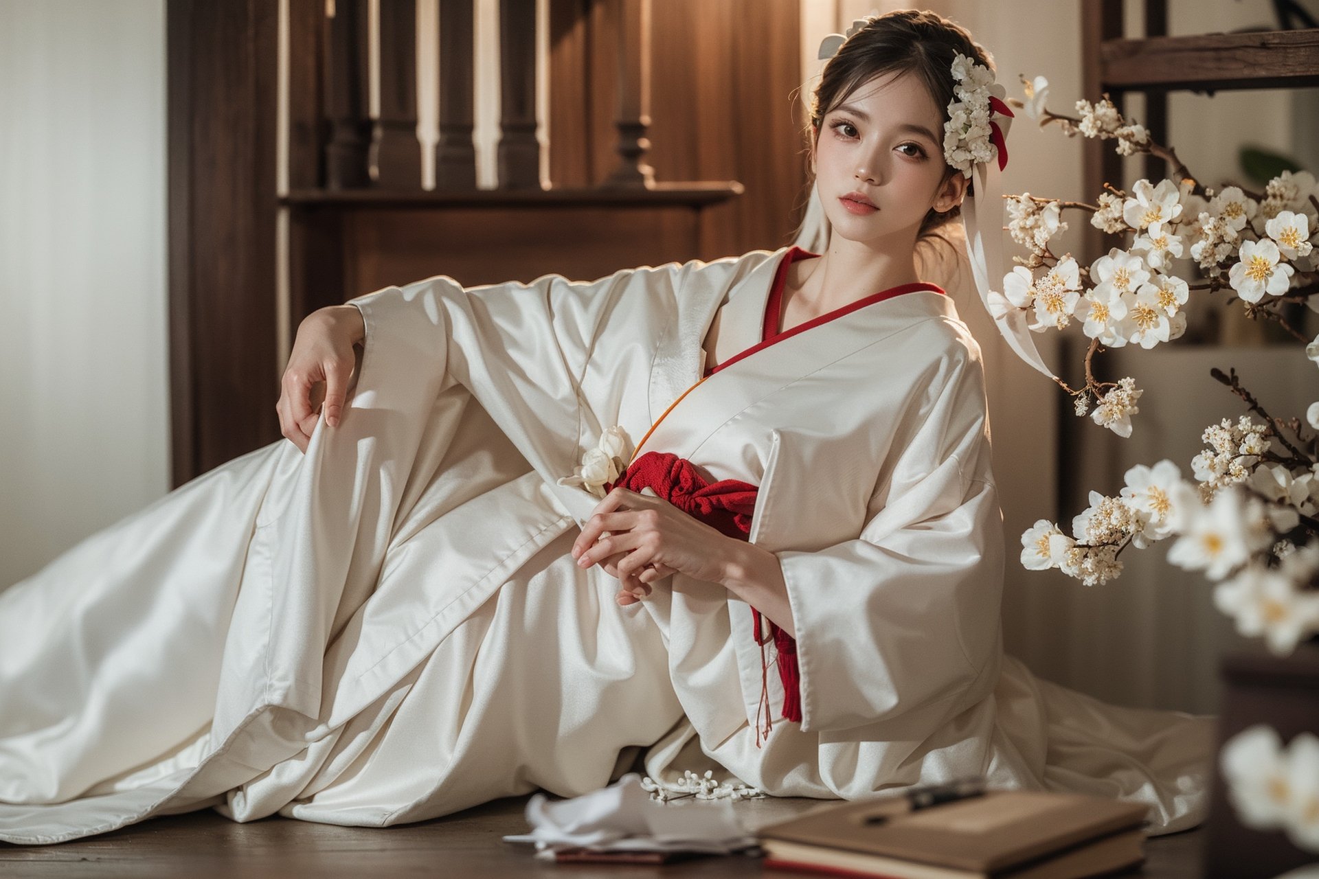 1girl, shiromuku, white kimono,white blossoms,solo,looking at viewer, soft light, sharp, exposure blend,medium shot, (hyperdetailed:1.2), (intricate details:1.2), (artstation), realistic lighting,(PureErosFace:0.7),realistic, <lora:shiromuku3:0.85><lora:aespaKarina_aespaKarinaV3:0.35:char3>