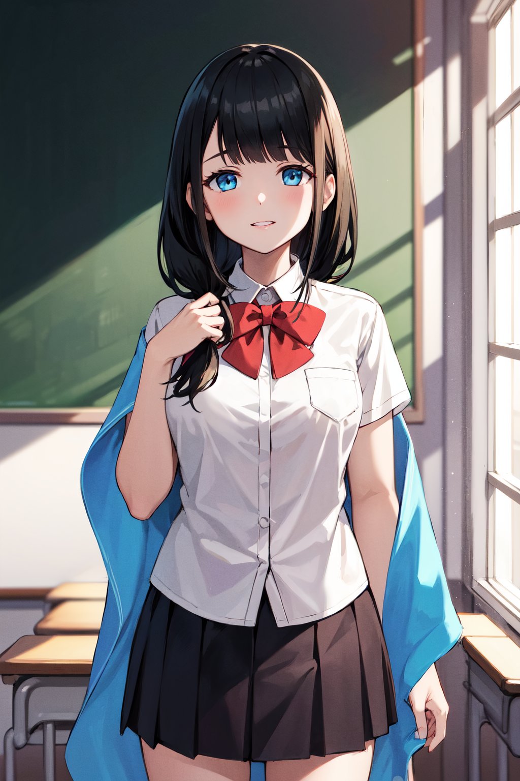 masterpiece, best quality, highres, 1girl, solo, long hair, black hair, hair scrunchie, low ponytail, blue eyes, school uniform, blue shawl, red bowtie, collared shirt, white shirt, short sleeves, pleated skirt, black skirt, <lora:hassu_v1:0.8>, standing, cowboy shot, classroom, 