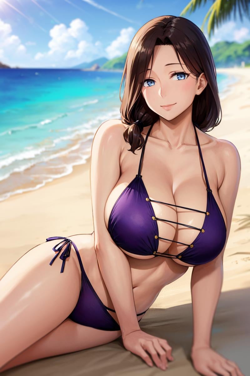 masterpiece, best quality,  <lora:aimom-nvwls-v1:1> 1girl, aimom, hair over shoulder, mature female, large breasts, purple bikini, lying on side, beach, smile