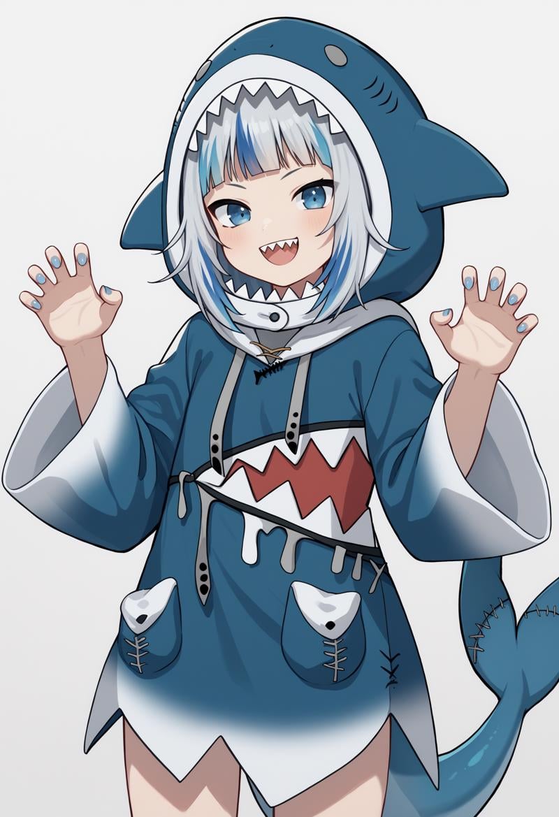 score_9, score_8_up, score_7_up, source_anime, ggdef, shark girl, blue eyes, blue hair, grey hair, multicolored hair, streaked hair, blunt bangs, sharp teeth, nail polish, blue nails, shark tail, fins, shark hood, hood up, long sleeves, wide sleeves, sleeves past wrists, drawstring, shark costume, cowboy shot, smile, happy, looking at viewer, claw pose<lora:GawrGuraPonyXLv6-20:1>