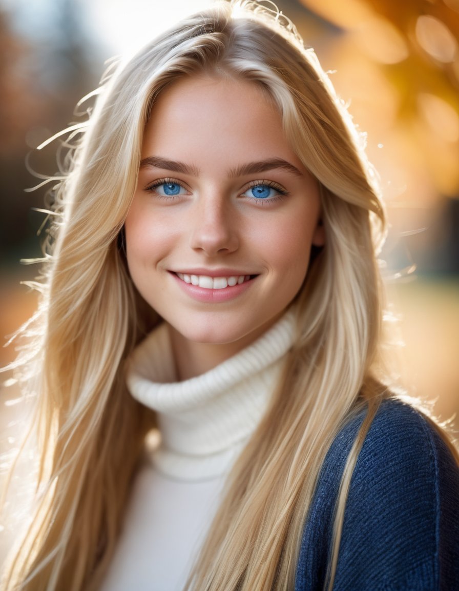 detailed and realistic close portrait of 1girl, 18 year old, blue eyes, blonde, long_hair, closed_mouth, lips, smile, long_hair, looking_at_viewer, wearing a casual costume, turtleneck, shot outside, soft natural lighting, portrait photography, magical photography, dramatic lighting, photo realism, ultra-detailed, intimate portrait composition, Leica 50mm, f1. 4